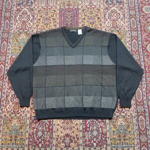 VTG‎ 90s Cotton Traders XXL V Neck Sweater Black Brown Plaid Pattern Wool Blend